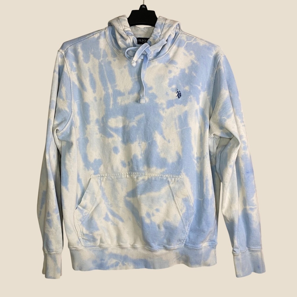 US Polo Assn Hoodie Unisex Large Blue White Tie Dye Pullover Cotton Sweatshirt